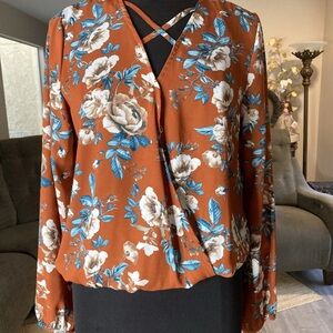 Boho Floral Wrap Blouse Rust Blue Surplice V-Neck Bell Sleeve Women’s M